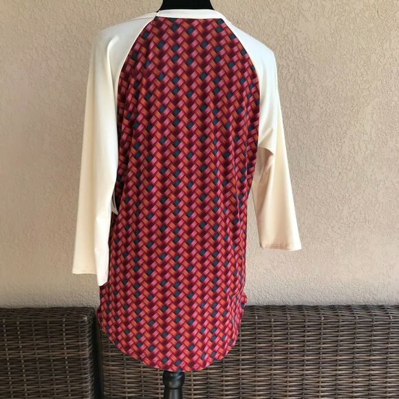 LuLaRoe Randy Baseball Tee Top Basketweave Burgundy Cream Gold‎ Teal Large - Picture 3 of 6